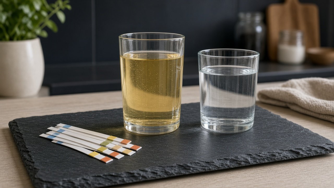 pH-remsor och två glas vatten