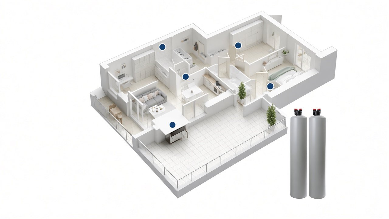 Schematisk plan över huset: två UltraHome-tankar vid inkommande vatten och punkter i rummen
